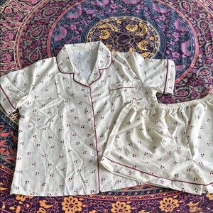 Cream Pajama Set with Cherry Accents